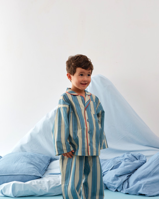 Çizgili Pijama Takımı Mavi